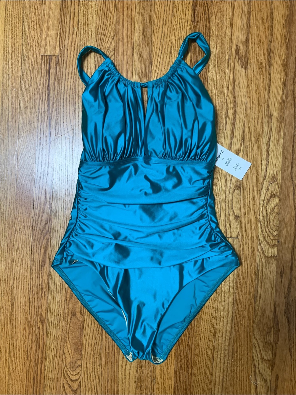 La Blanca swimsuit - earth goddess teal shiny high neck one piece bathing suit